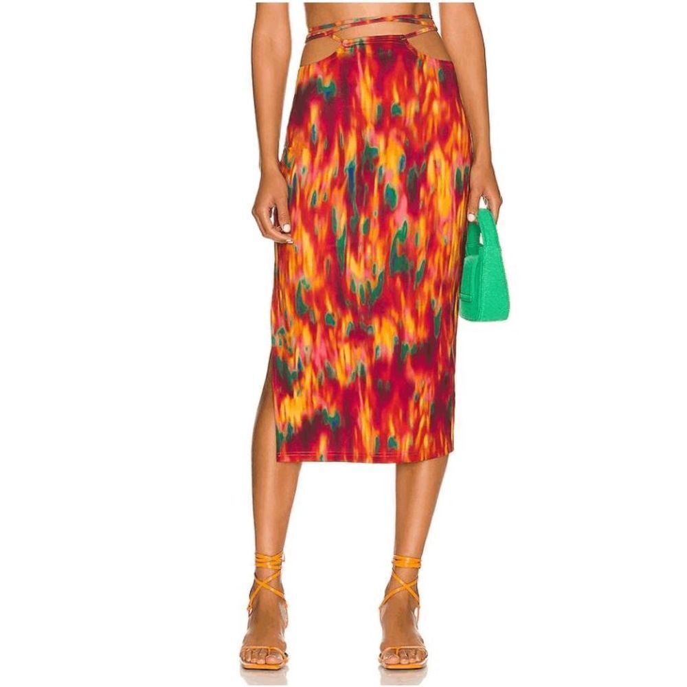 NWT WeWoreWhat Hip Cutout Midi Skirt Women's M Spicy Orange Tie Dye Stretch